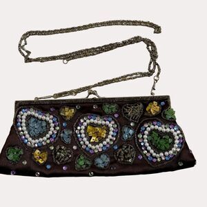 Lapis Beaded Satin Handbag Evening Mini Shoulder Bag Purse Chain Strap